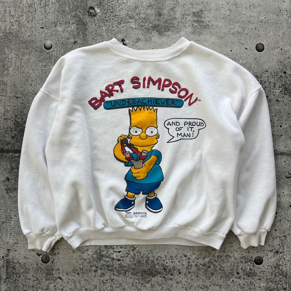 Vintage The Simpsons Sweatshirt Men XL White Bart Simpson Underachiever Boxy 90s